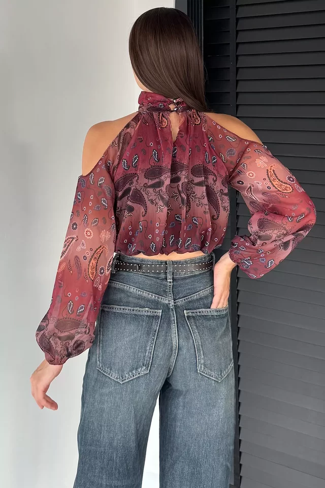 İç Astarlı Omuz Dekolteli Kadın Crop Top Şifon Bluz