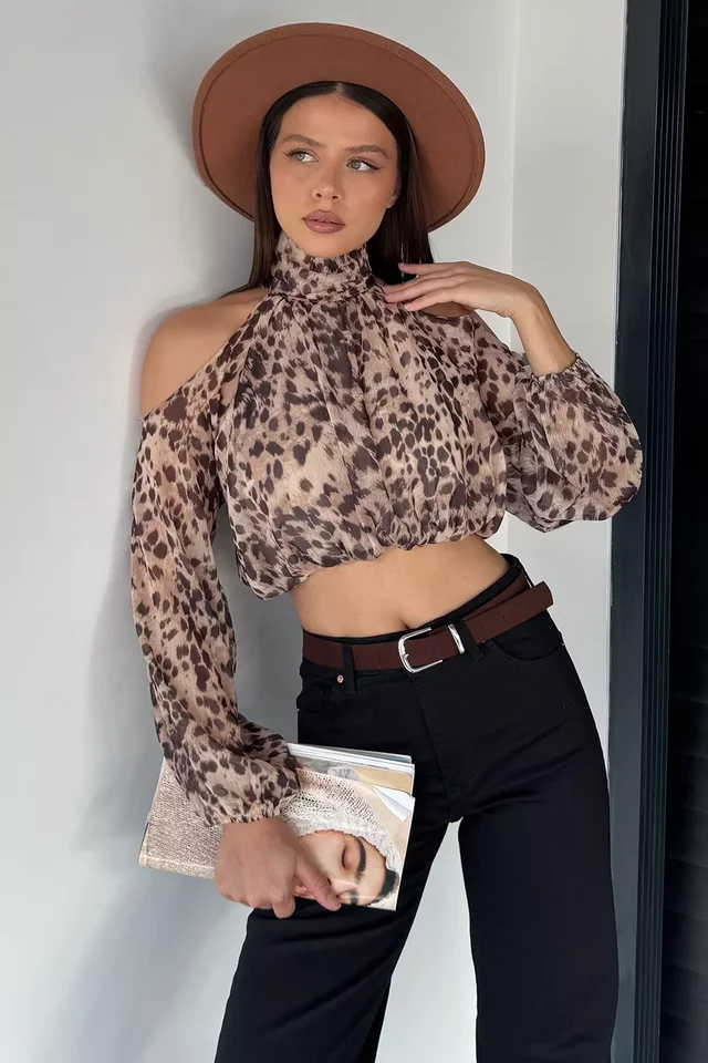 İç Astarlı Omuz Dekolteli Kadın Crop Top Şifon Bluz