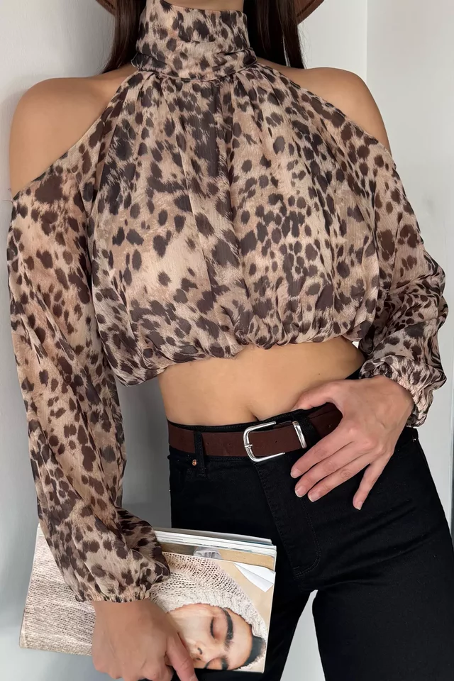 İç Astarlı Omuz Dekolteli Kadın Crop Top Şifon Bluz