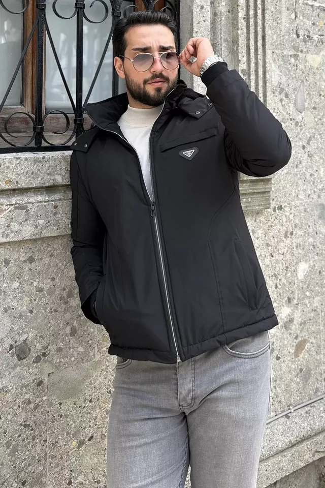 İçi Peluş Kapüşonlu Fermuarlı Erkek Mont