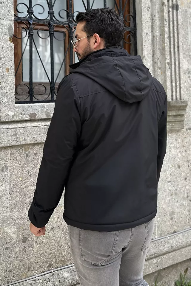 İçi Peluş Kapüşonlu Fermuarlı Erkek Mont