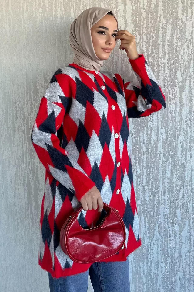 İnci Düğmeli Geometrik Desenli Tesettür Triko Hırka (s-m-l-xl Beden Uyumludur.) - 2