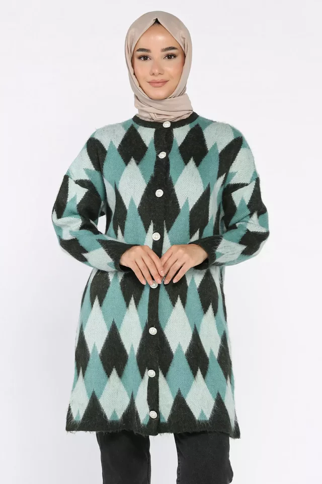İnci Düğmeli Geometrik Desenli Tesettür Triko Hırka (s-m-l-xl Beden Uyumludur.) - 1