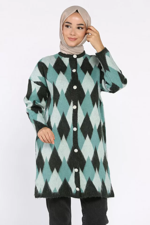 İnci Düğmeli Geometrik Desenli Tesettür Triko Hırka (s-m-l-xl Beden Uyumludur.) - 2
