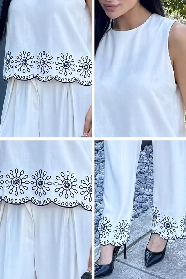 Gülseli İşlemeli Bluz Pantolon İkili Takım
