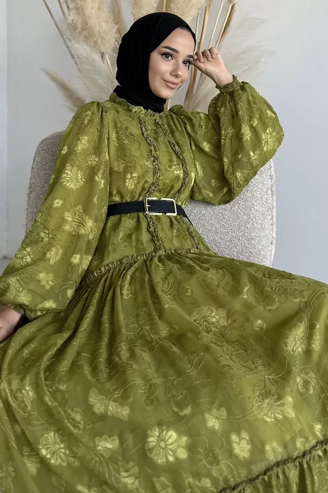 İşlemeli Ve Astarlı Tesettür Şifon Elbise - 2