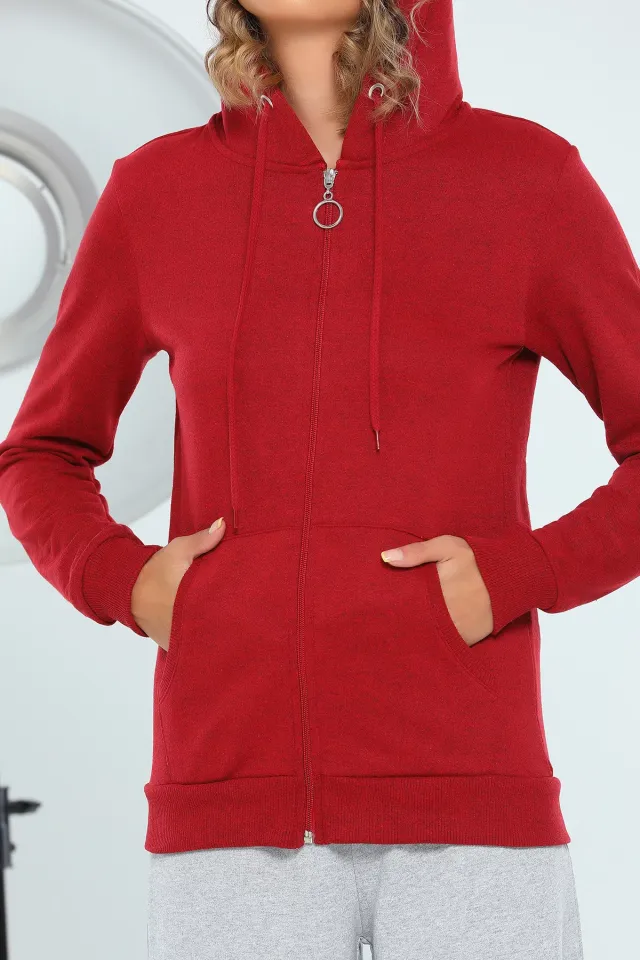 Kadın Kapüşonlu Fermuarlı Slim Fit Basic Sweatshirt Açık Bordo