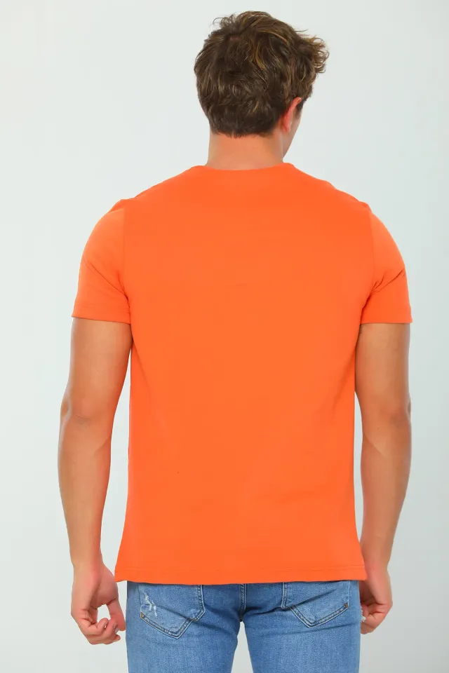 Erkek Likralı Bisiklet Yaka Basic T-shirt Açık Orange
