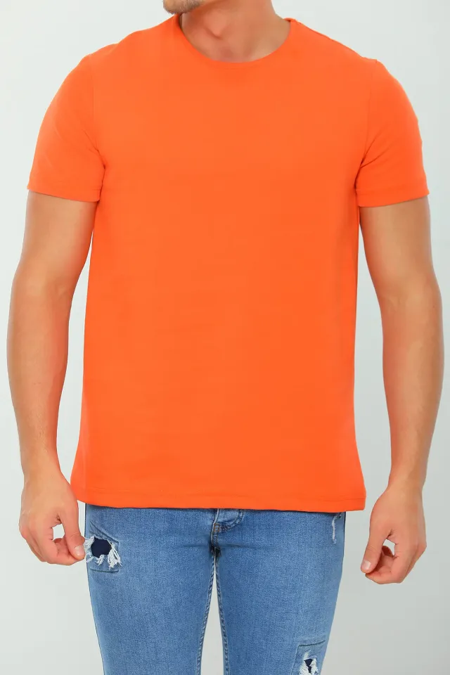 Erkek Likralı Bisiklet Yaka Basic T-shirt Açık Orange