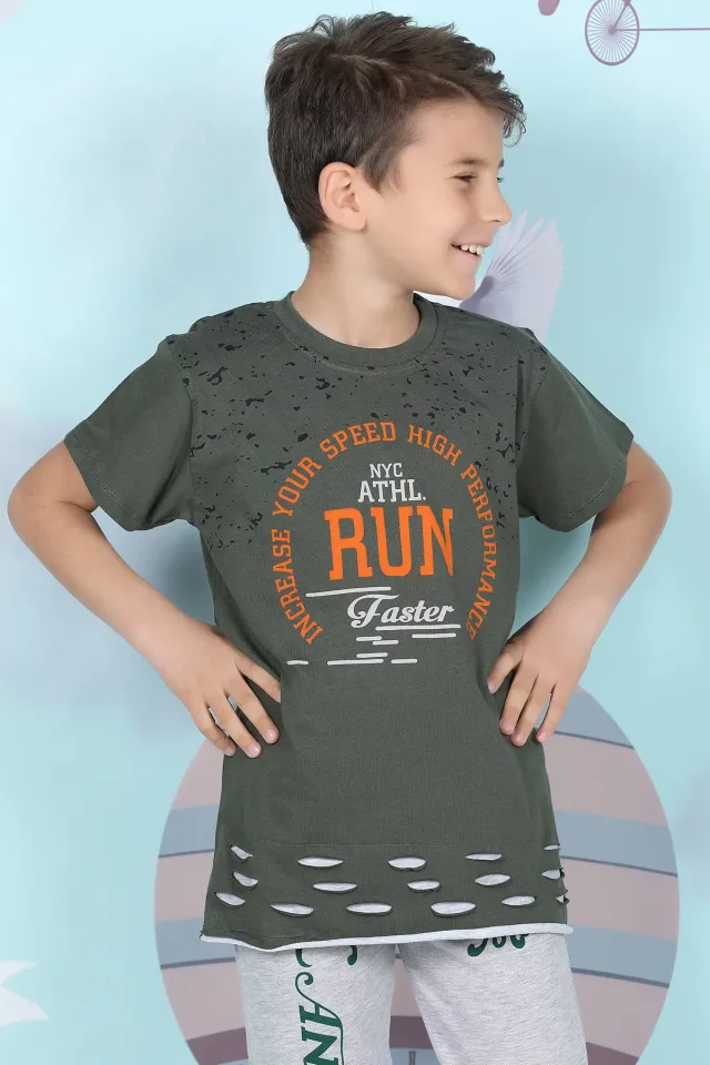 Alt Yırtıklı Erkek Çocuk T-shirt Haki