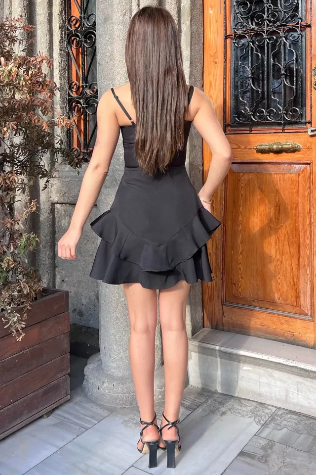 Askılı Fırfırlı Mini Elbise Siyah