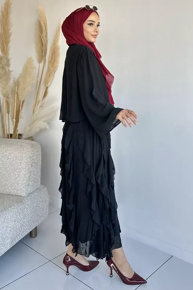 Astarlı Fırfır Detaylı Şifon Etek Bluz İkili Takım
