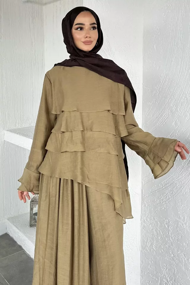 Astarlı Kat Detaylı Bluz Pantolon Tesettür İkili Takım