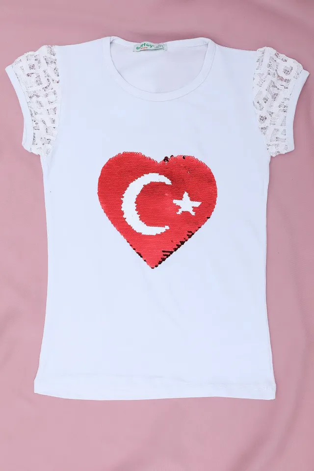 Ay Yıldız Kalp Payetli Kız Çocuk T-shirt Beyaz