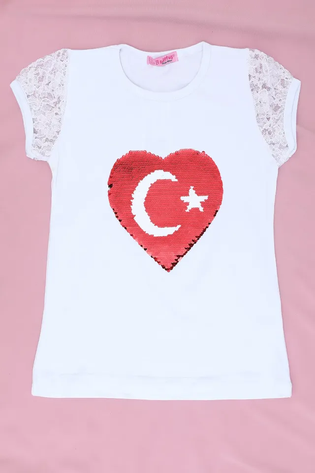 Ay Yıldız Kalp Payetli Kız Çocuk T-shirt Beyaz