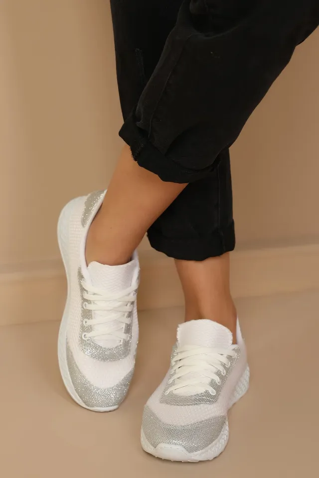 Bağcıklı Anoraklı Kadın Spor Ayakkabı Beyazgümüş