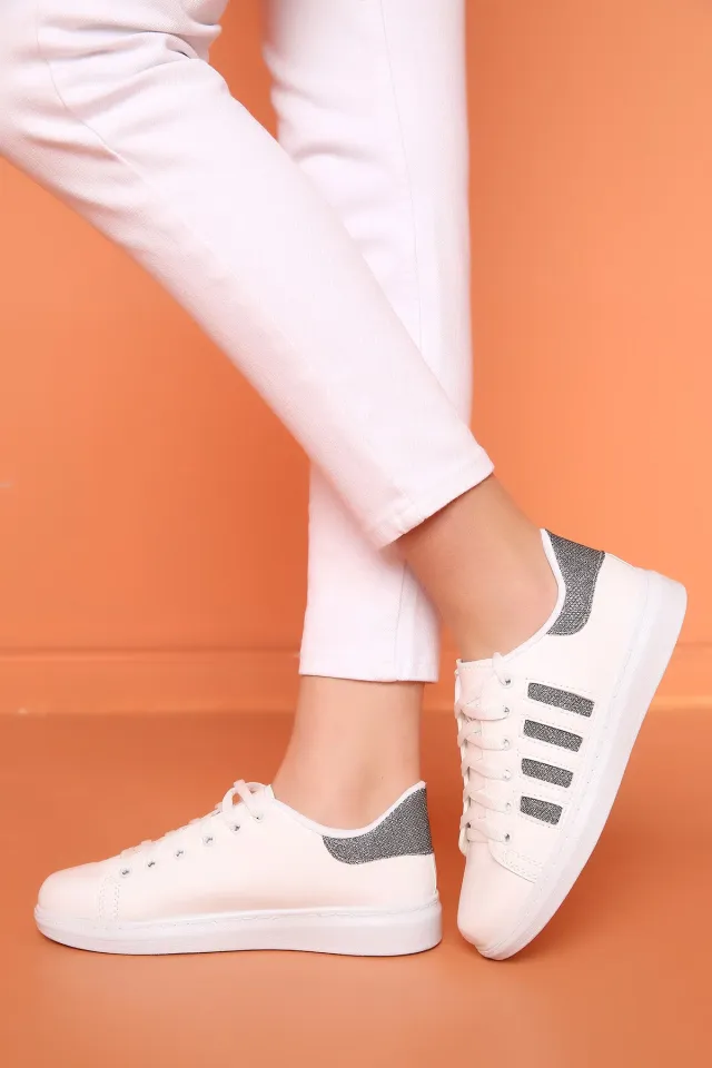 Bağcıklı Bayan Spor Ayakkabı Beyazplatin