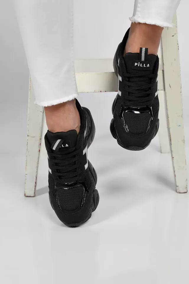 Bağcıklı Yüksek Taban Günlük Kadın Spor Ayakkabı Siyah