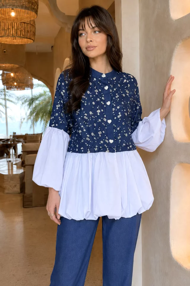 Balon Kol Garnili Taşlanmış Tunik Pantolon Jeans İkili Takım - 2