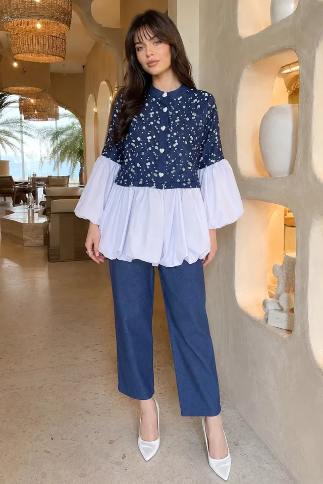 Balon Kol Garnili Taşlanmış Tunik Pantolon Jeans İkili Takım