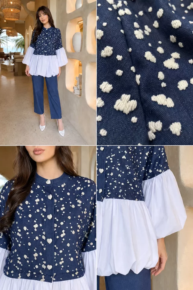 Balon Kol Garnili Taşlanmış Tunik Pantolon Jeans İkili Takım
