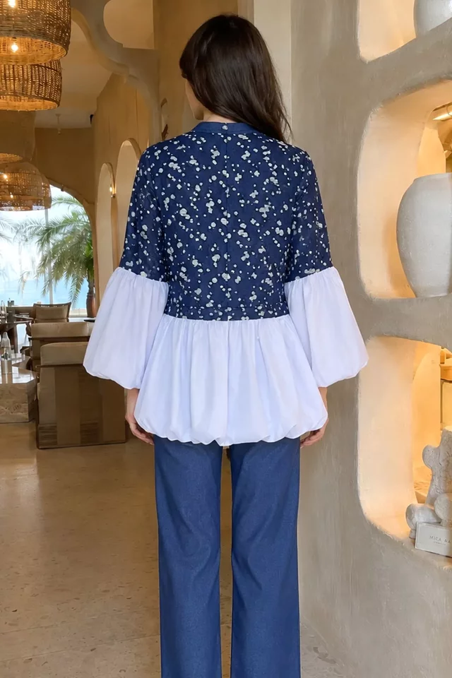 Balon Kol Garnili Taşlanmış Tunik Pantolon Jeans İkili Takım