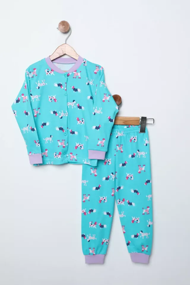 Baskılı Çıtçıt Detaylı Kız Çocuk Pijama Takımı Mint