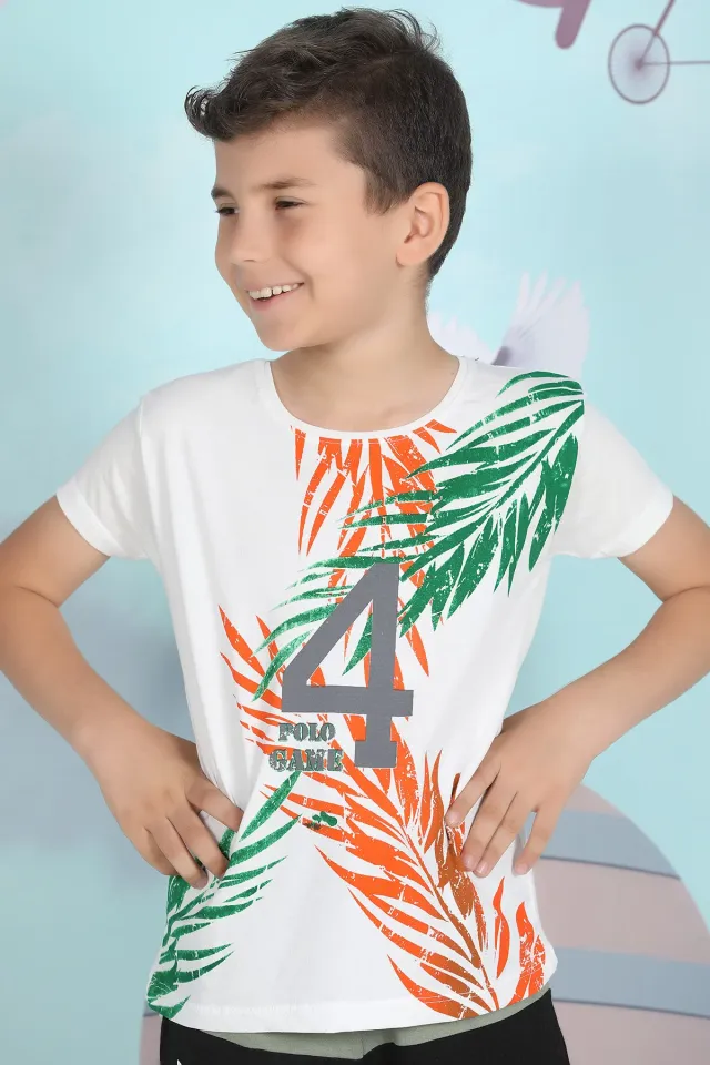 Erkek Çocuk Likralı Baskılı T-shirt Krem Füme