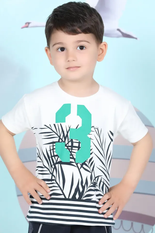 Erkek Çocuk Likralı Baskılı T-shirt Krem