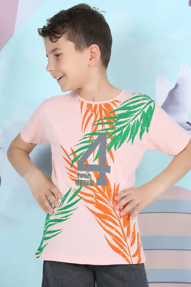 Erkek Çocuk Likralı Baskılı T-shirt Somon