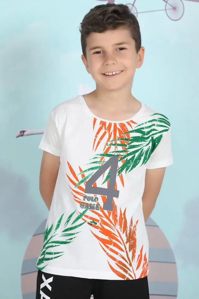 Erkek Çocuk Likralı Baskılı T-shirt Krem Füme