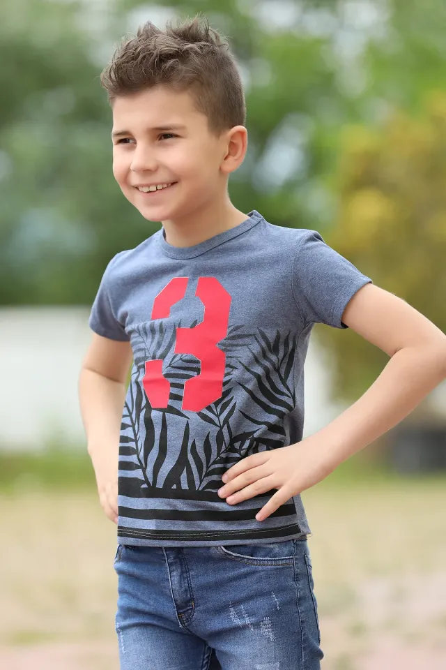 Erkek Çocuk Likralı Baskılı T-shirt İndigo