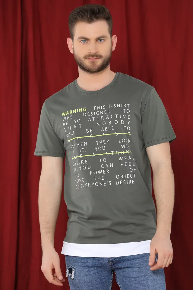 Baskılı Garnili Erkek T-shirt Haki