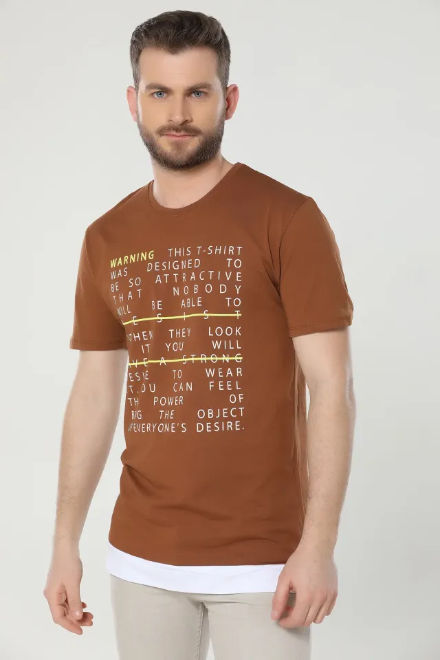 Baskılı Garnili Erkek T-shirt Kahve