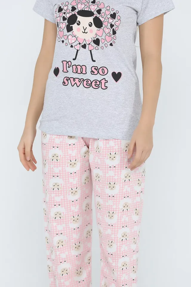 Baskılı Kısa Kol Pijama Takımı Gri