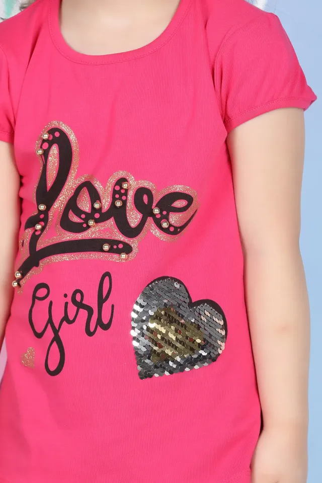 Kız Çocuk Baskılı T-shirt Fuşya