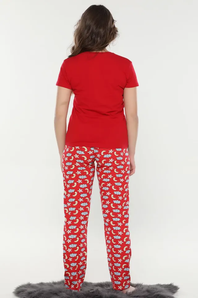 Baskılı Pijama Takımı Bordokırmızı