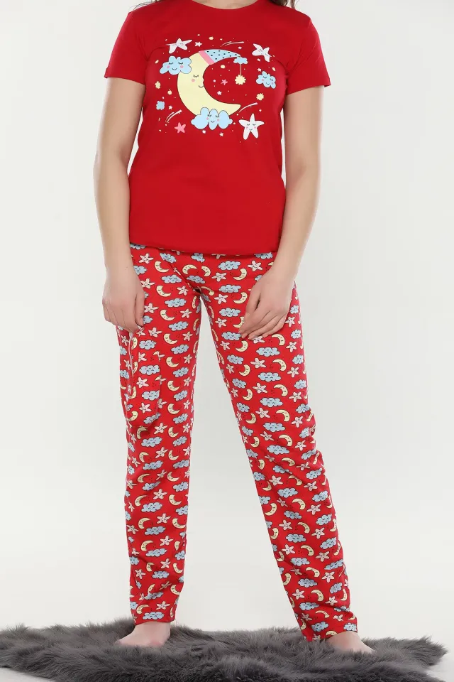 Baskılı Pijama Takımı Bordokırmızı