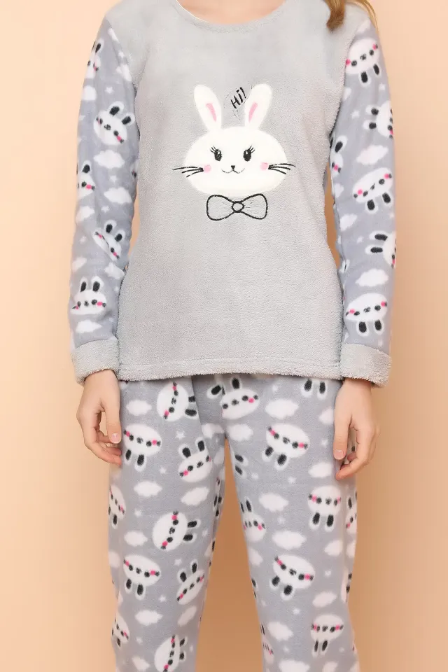 Baskılı Polar Pijama Takımı Gri