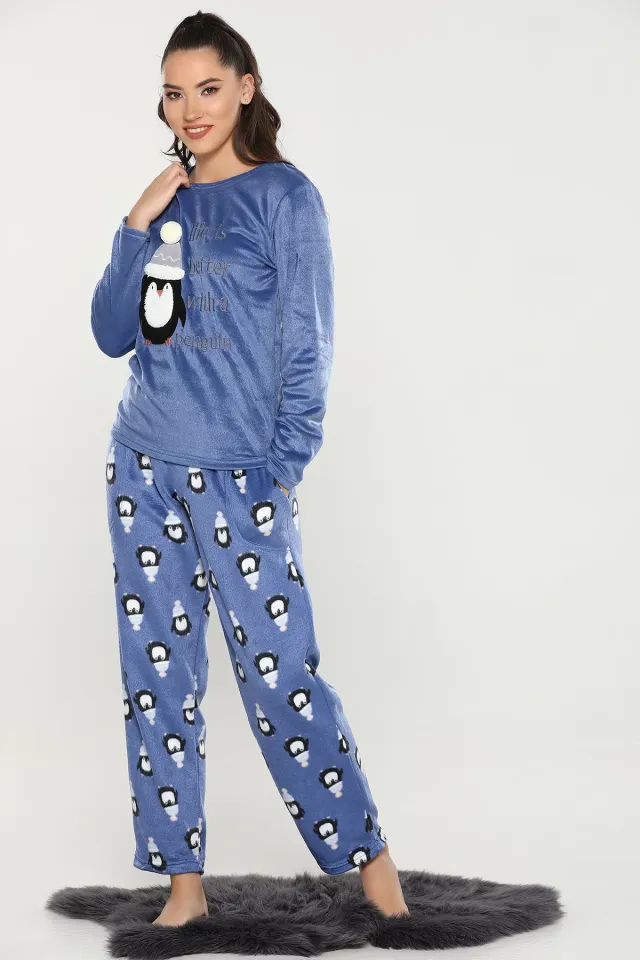 Baskılı Polar Pijama Takımı İndigo