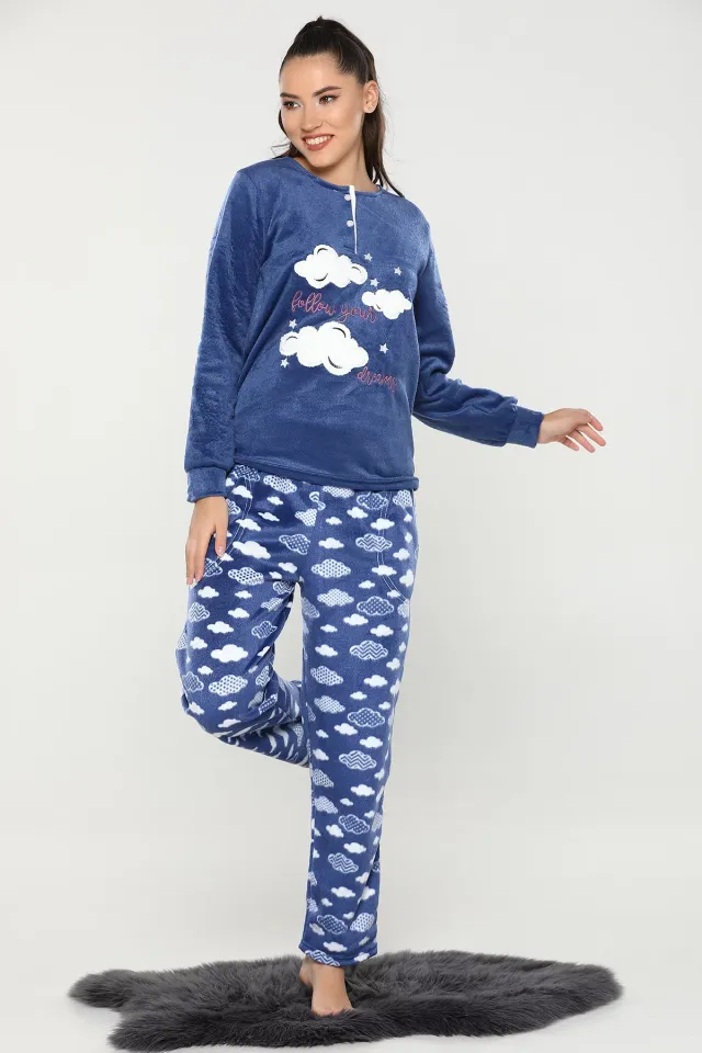 Baskılı Polar Pijama Takımı İndigo