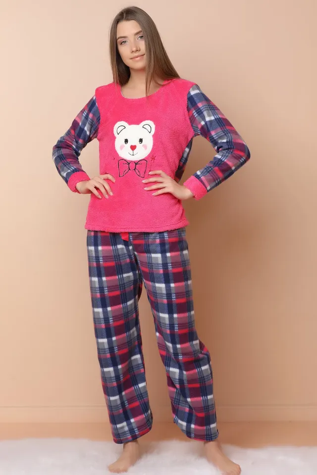 Baskılı Polar Pijama Takımı Fuşya