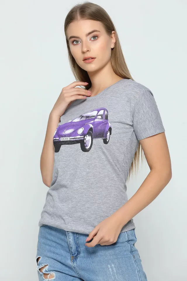 Vosvos Baskılı Sevgili Kombin Kadın T-shirt Gri