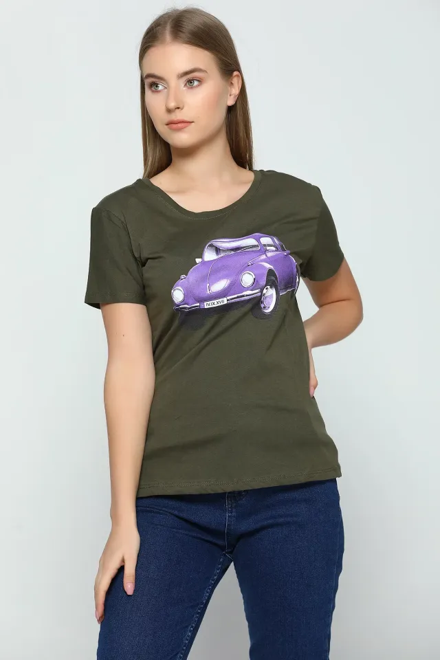 Vosvos Baskılı Sevgili Kombin Kadın T-shirt Haki