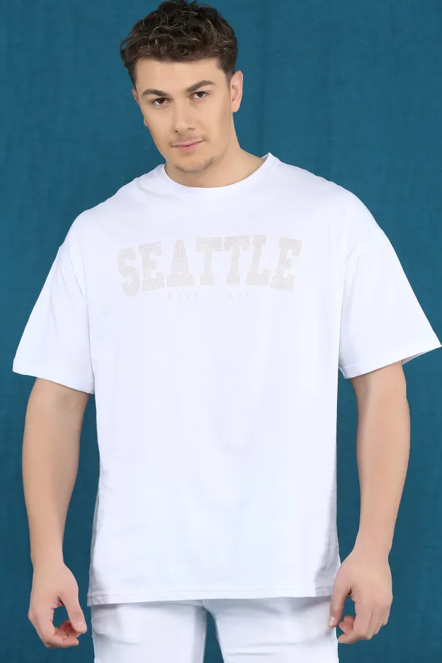 Baskılı Sırt Kazayağı Desen Erkek T-shirt Beyaz