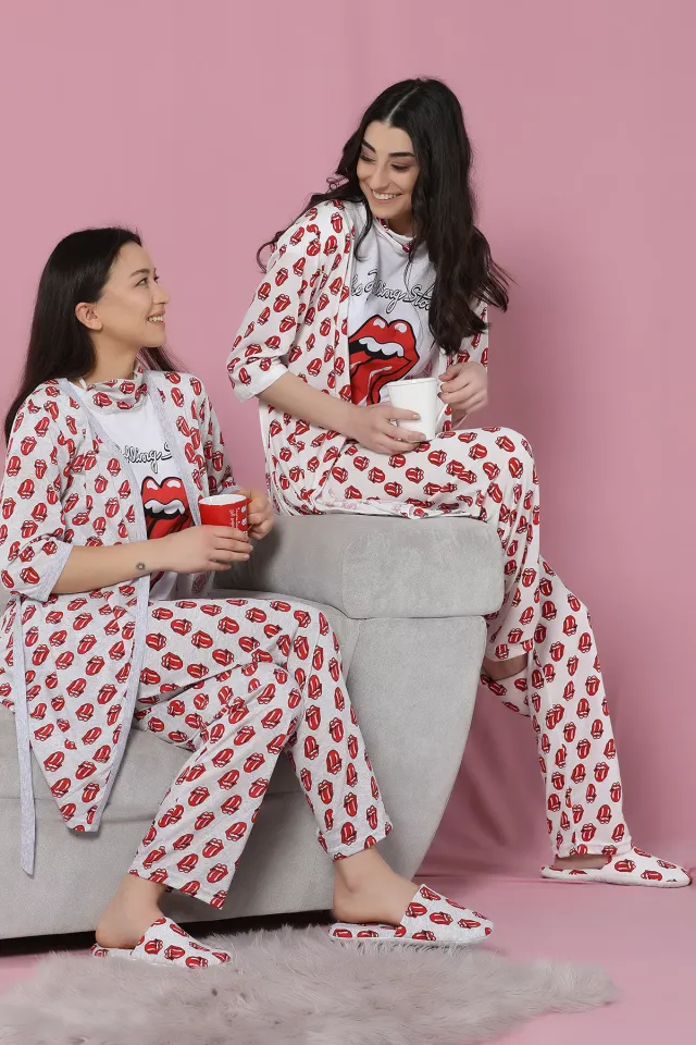 Baskılı Terlikli Sabahlıklı Pijama Takımı Gri