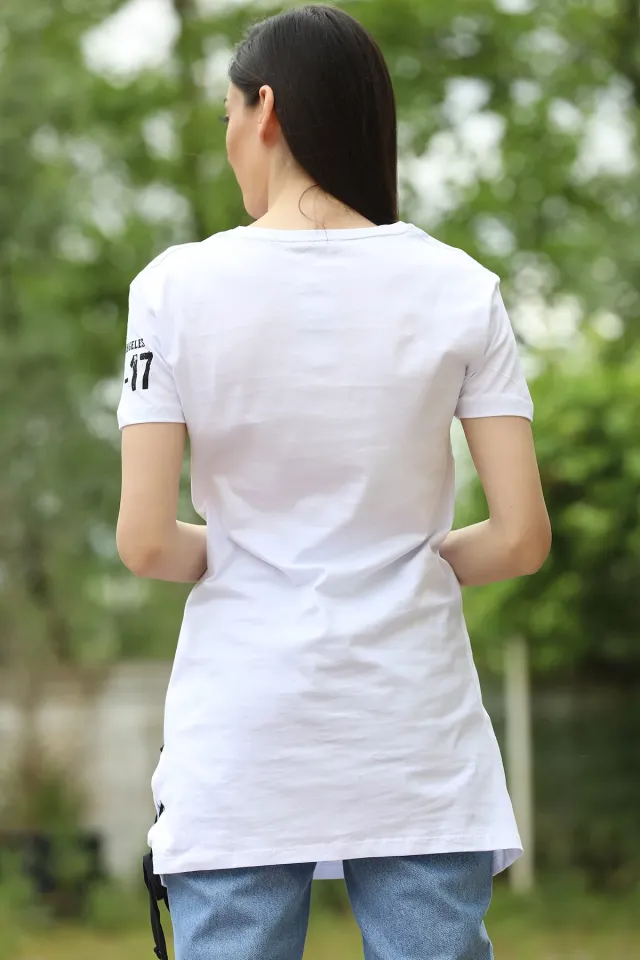 Baskılı Yan Bağcıklı T-shirt Beyaz