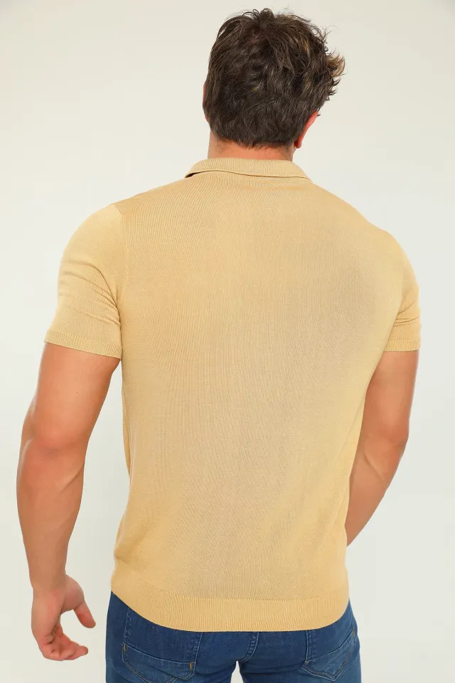 Erkek Likralı Polo Yaka Mevsimlik Triko T-shirt Bej