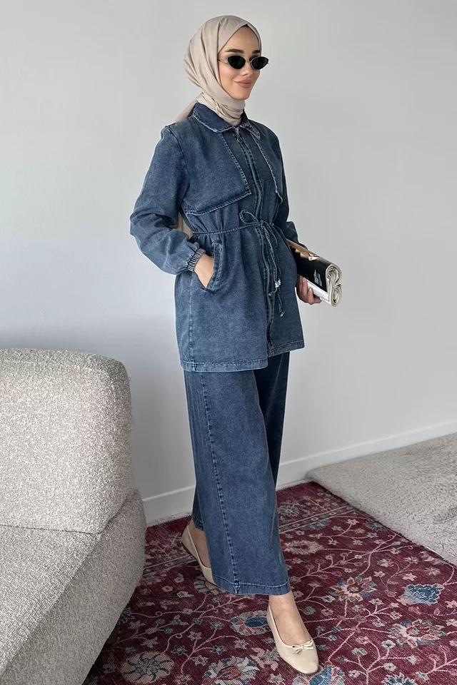 Bel Bağcıklı Fermuarlı Jean Kot Ceket Pantolon Tesettür İkili Takım - 1