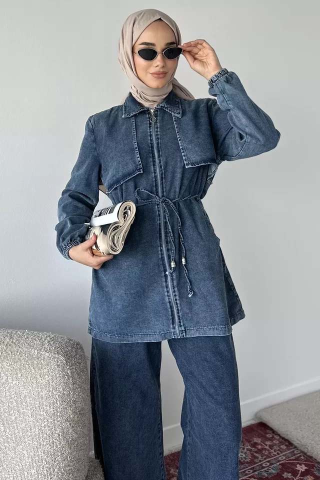 Bel Bağcıklı Fermuarlı Jean Kot Ceket Pantolon Tesettür İkili Takım - 2